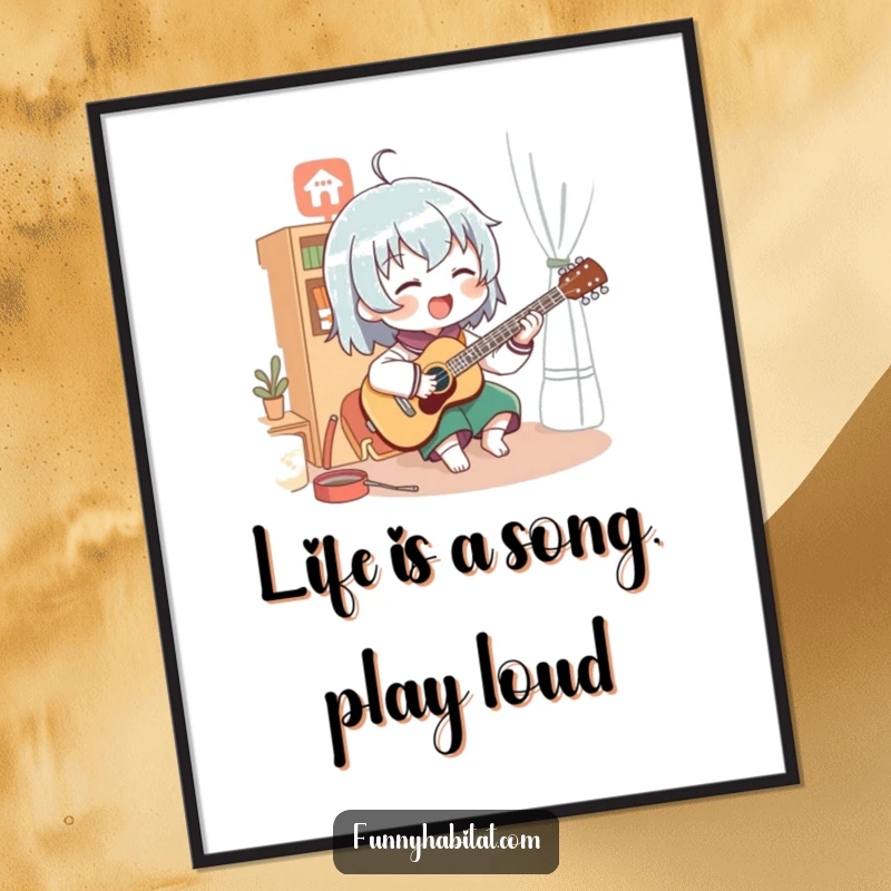 Funny Free Printable Wall Art: Character passionately playing a musical instrument in a warm, inviting room.