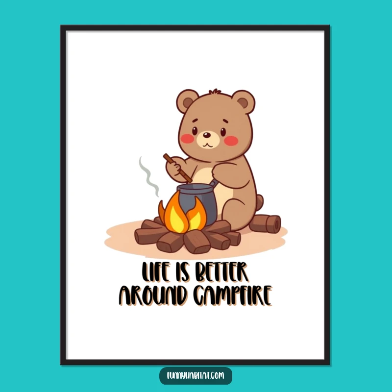 Funny Free Printable Wall Art: Happy Bear Campfire, Quirky Downloadable Decor