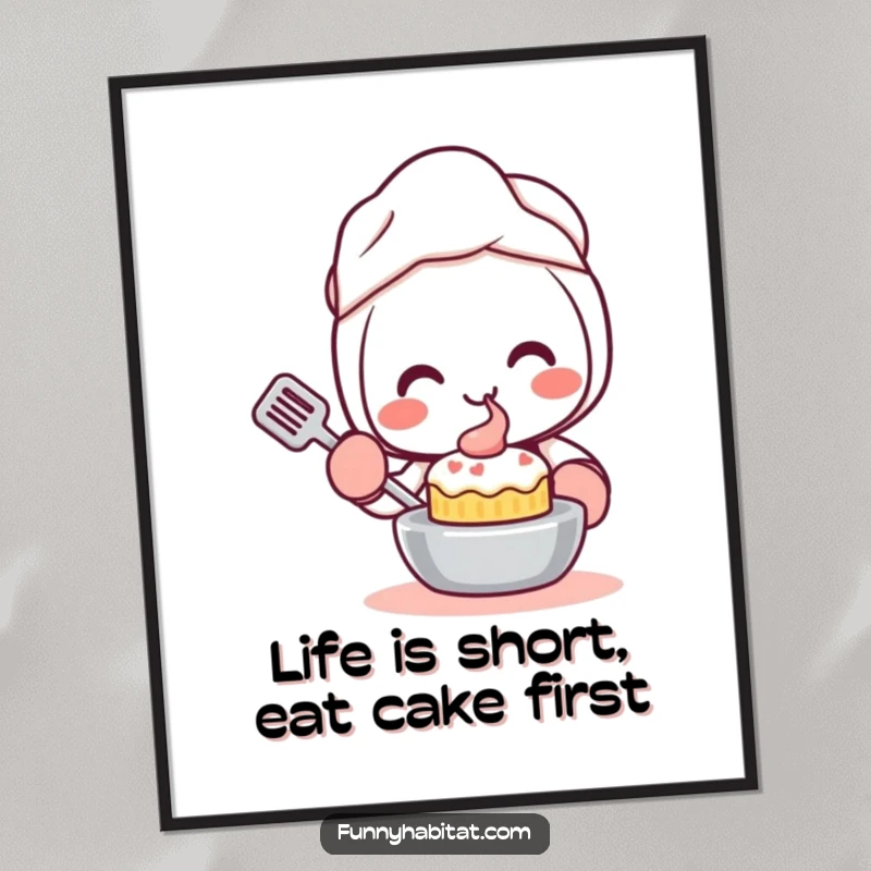 Funny Free Printable Wall Art showcasing a beaming Kawaii character wearing oven mitts, proudly holding a small, perfectly baked cake.