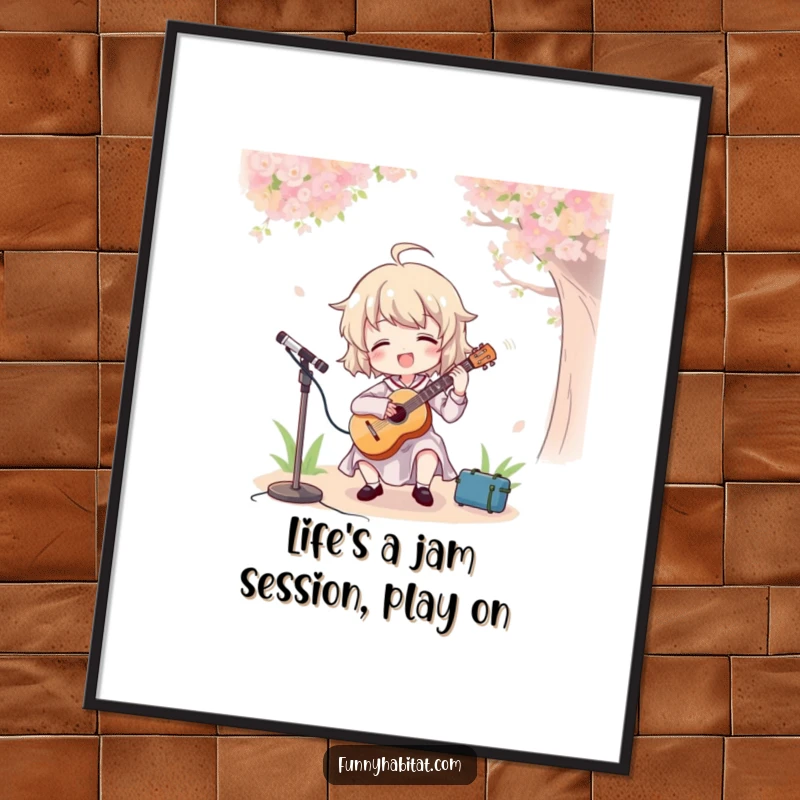 Funny Free Printable Wall Art: A character passionately plays a guitar outdoors, radiating joy. Downloadable decor!