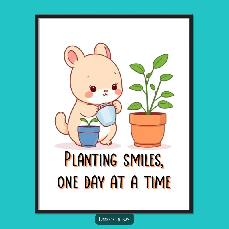 Funny Free Printable Wall Art: Happy Animal Watering Plant, Downloadable Home Decor