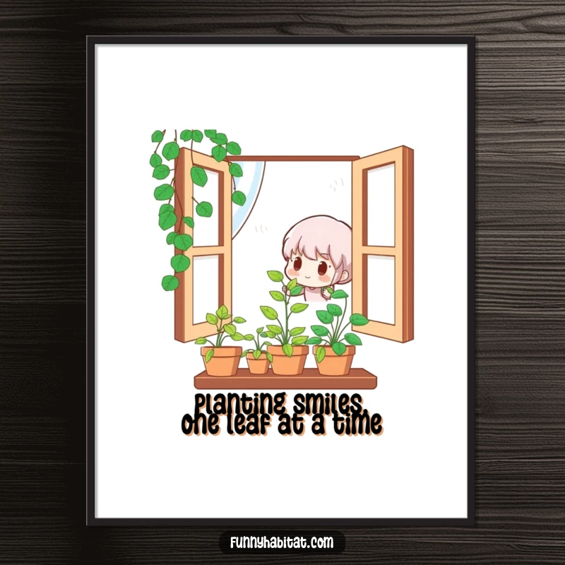 Funny Free Printable Wall Art: Cute character happily tending a vibrant potted plant in a sunlit window, cheerful decor.