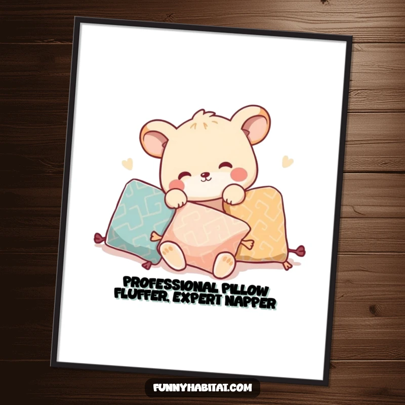 Funny Free Printable Wall Art: Animal character playfully rearranging decorative pillows, creating a fun and inviting scene.