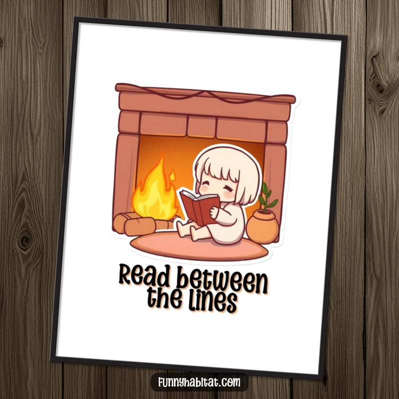Funny Free Printable Wall Art: Cute character relaxing and reading a book next to a glowing, warm fireplace.