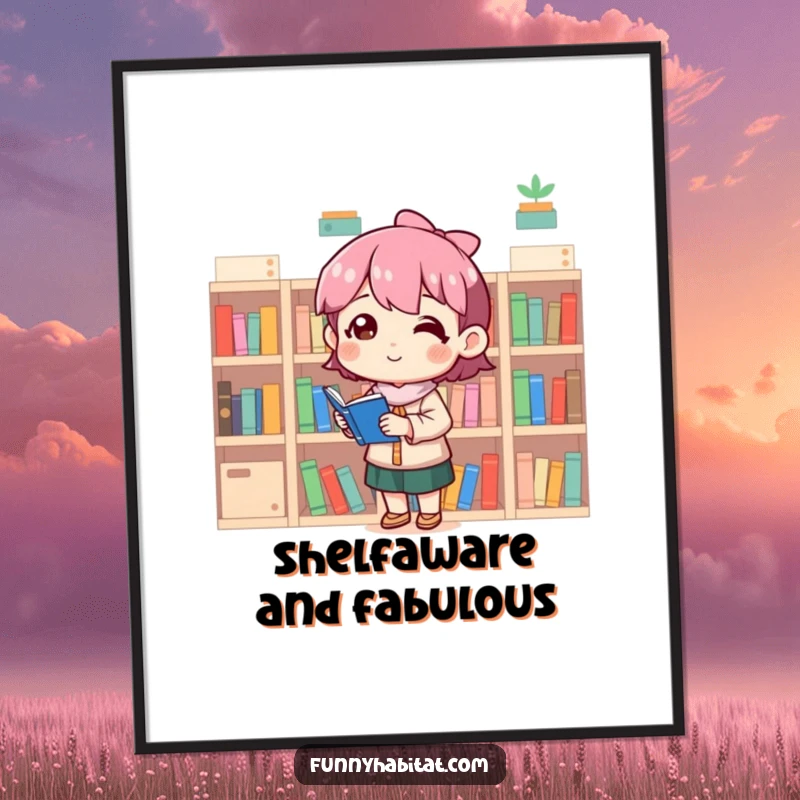 Funny Free Printable Wall Art: A character happily organizes a row of tiny bookshelves, exuding calm satisfaction.