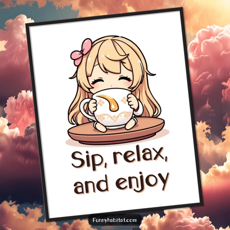 Funny Free Printable Wall Art depicting a character blissfully sipping tea from a charming mug, radiating relaxation and contentment.