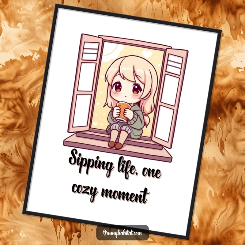 Funny Free Printable Wall Art of a character enjoying a warm beverage by a window, a calm and humorous downloadable art piece.