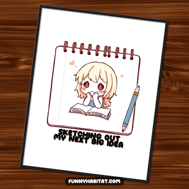 Funny free printable wall art: Character deeply thoughtful while sketching in a notebook, lost in creative contemplation.