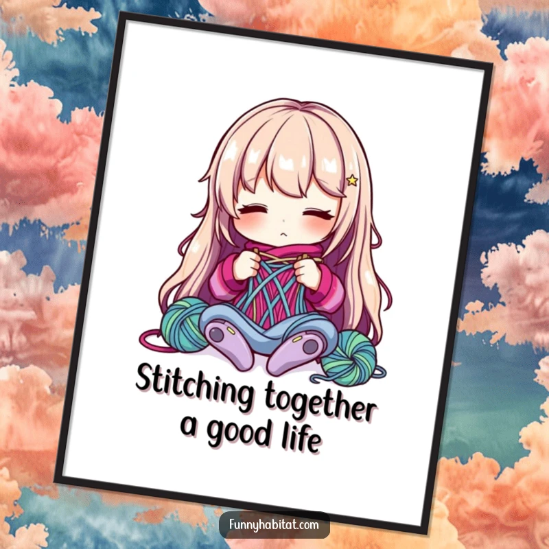 Funny free printable wall art: A character is engrossed in knitting with vibrant yarn, creating a peaceful and cozy artistic scene.