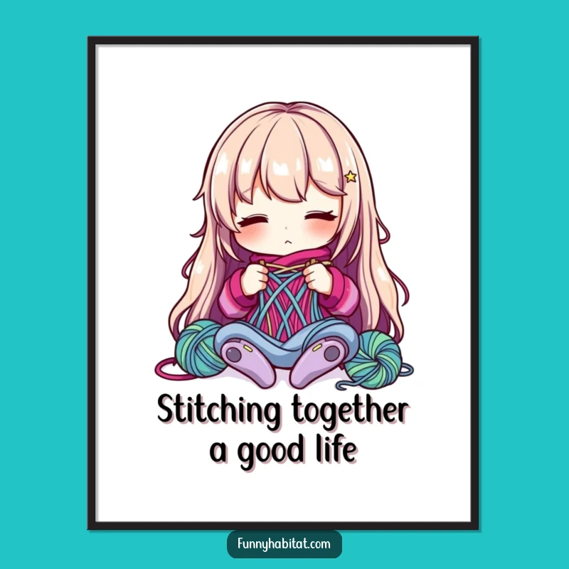 Funny Free Printable Wall Art: Focused Knitter Character - Cozy Downloadable Decor