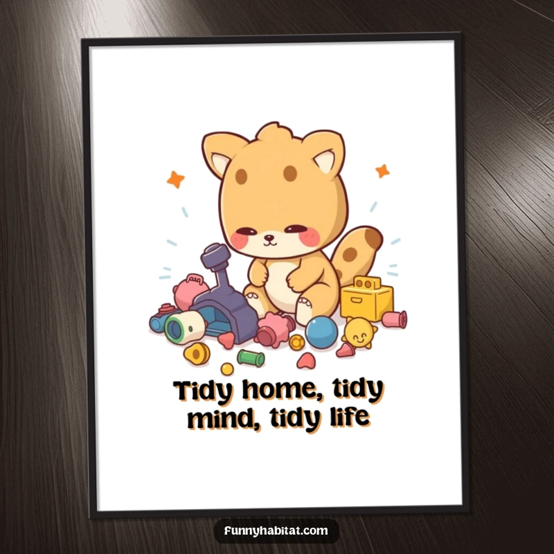 Funny Free Printable Wall Art: Animal character energetically tidying up scattered toys, celebrating order and play.