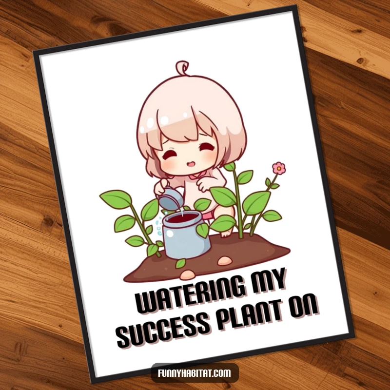 Funny Free Printable Wall Art: Character joyfully waters a lush, thriving plant, a vibrant and downloadable art piece.