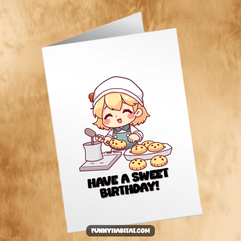 Funny free printable birthday card featuring a character happily baking cookies with a tray of treats nearby.