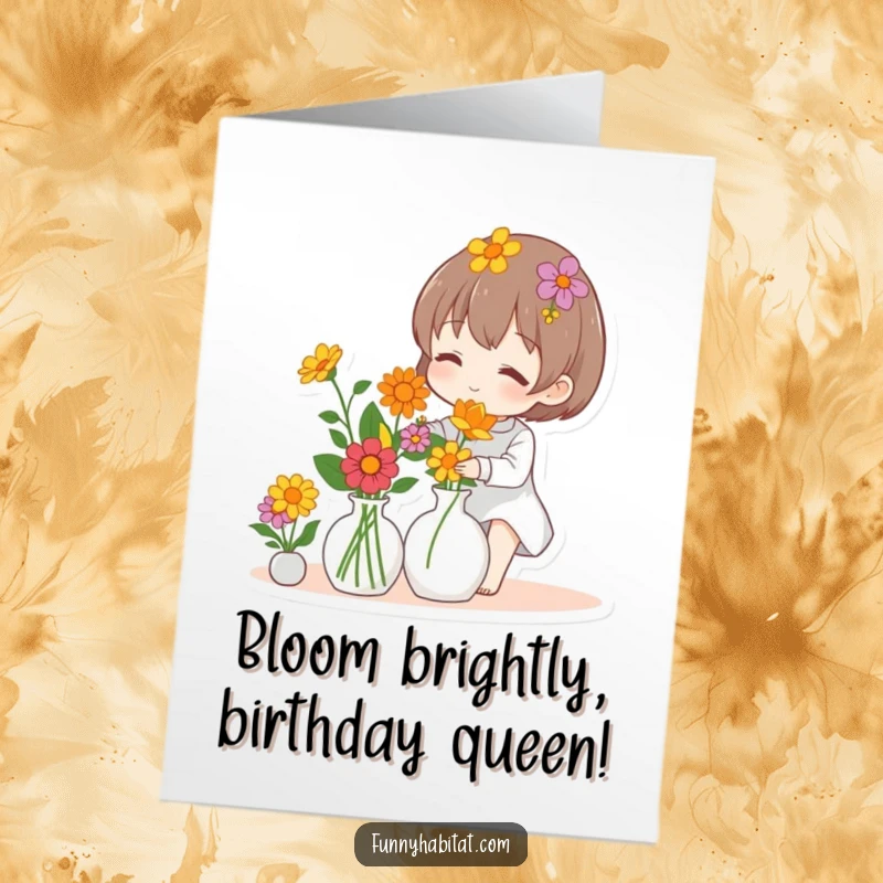 Funny Free Printable Birthday Card: A character happily arranges vibrant flowers in a vase with a cheerful expression.