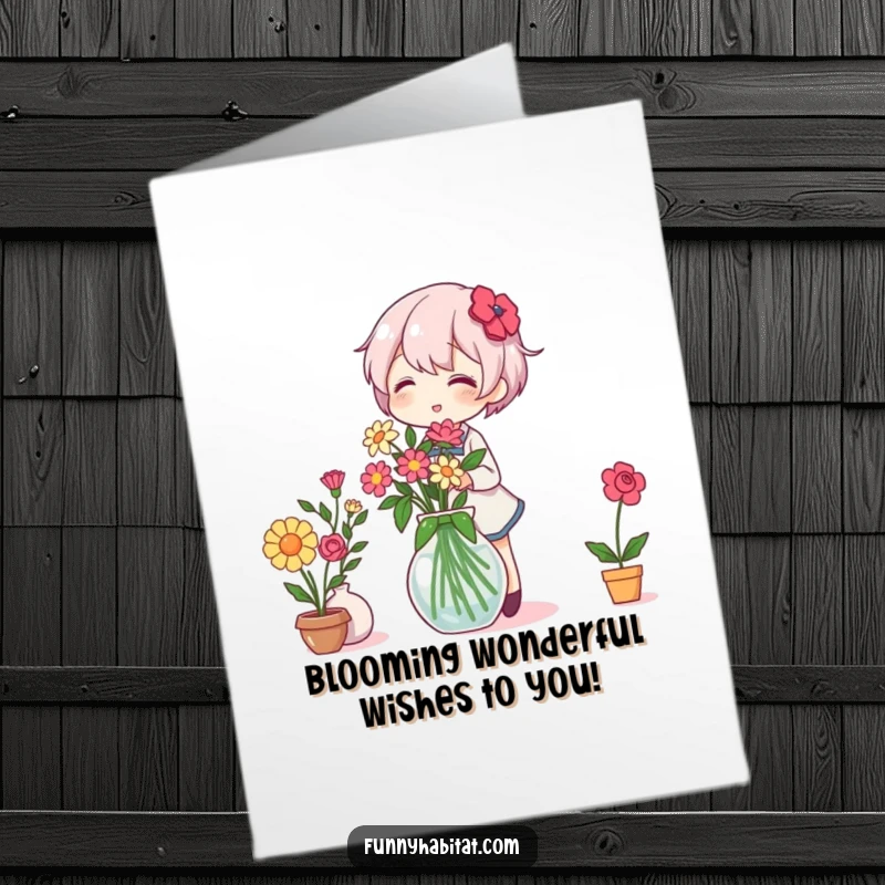 Funny free printable birthday card: A smiling character happily arranges vibrant flowers in a vase, celebrating with floral artistry.
