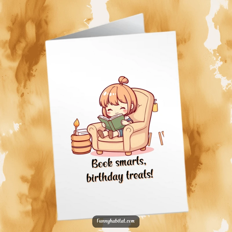 Funny Free Printable Birthday Card: A character happily reading a book in a comfy armchair, a perfect downloadable gift.