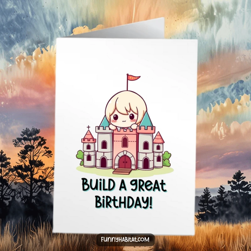 Funny Free Printable Birthday Card showing a playful Kawaii character stacking colorful building blocks to construct a charming miniature castle.