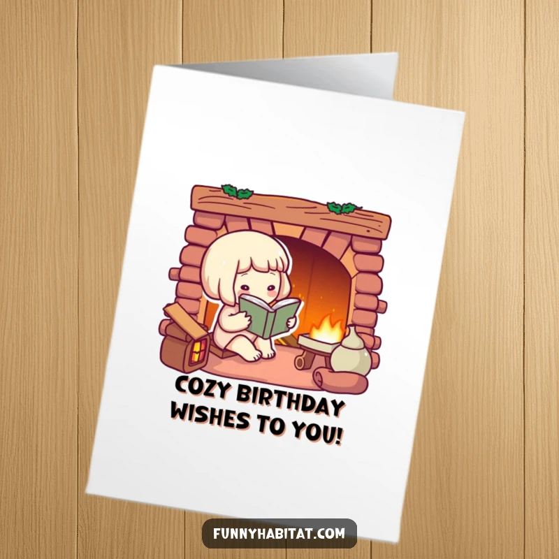 Funny Free Printable Birthday Card: A character reads a book by a cozy, glowing fireplace. Downloadable relaxation!
