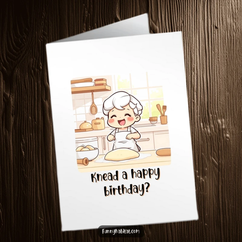 Funny Free Printable Birthday Card: Character joyfully kneading dough in a sunlit kitchen, covered in flour, celebrating baking.