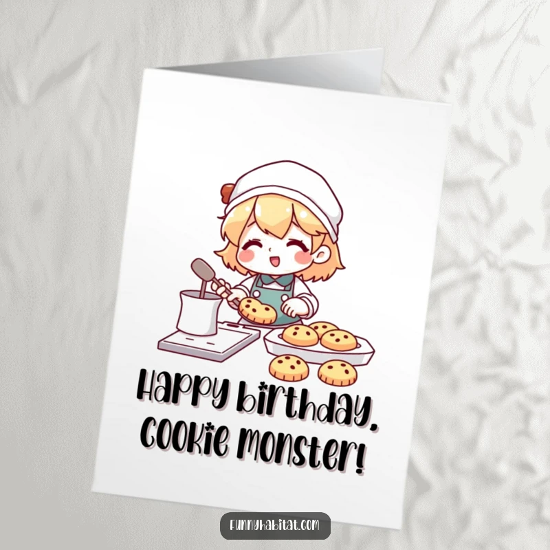 Funny Free Printable Birthday Card: Character happily baking cookies with a tray overflowing with treats.