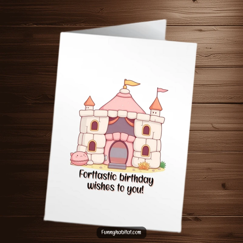 Funny Free Printable Birthday Card showing a character happily building a cushion fort, a nostalgic downloadable gift.
