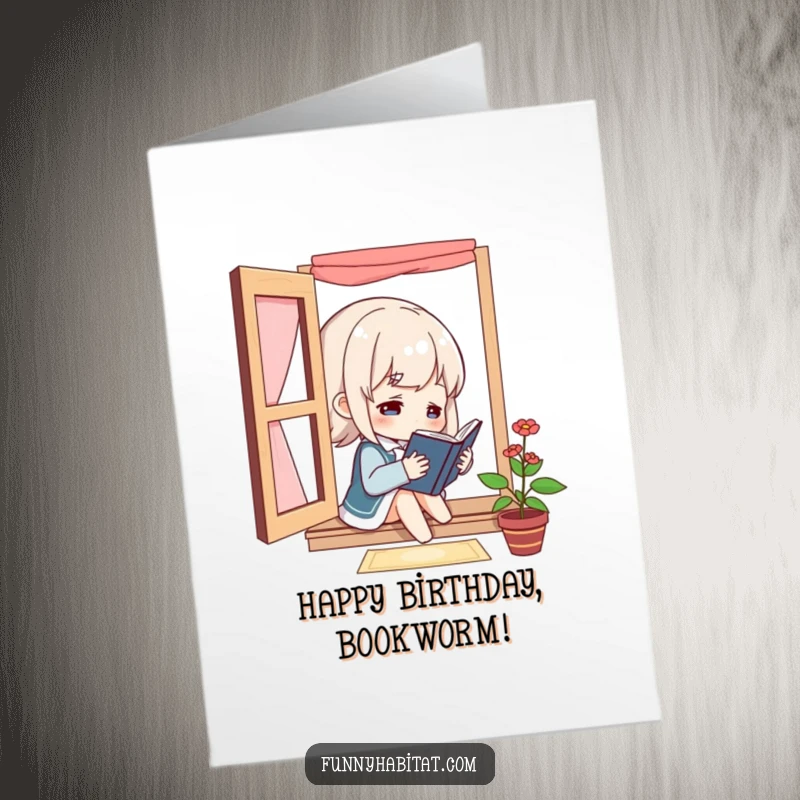 Free printable birthday card featuring a character absorbed in reading a book by a window, capturing a peaceful moment.