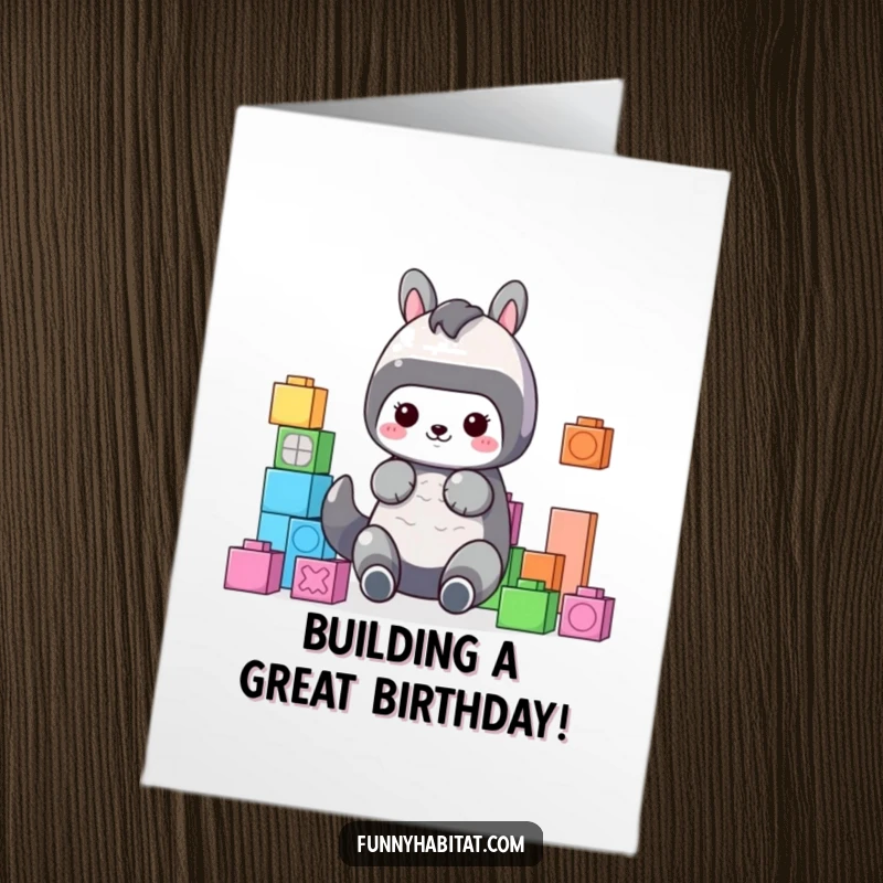 Funny free printable birthday card with a cute animal character meticulously organizing colorful building blocks, showing playful focus.