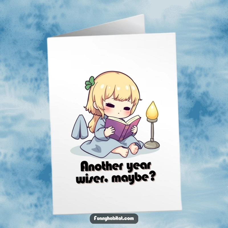 Funny Free Printable Birthday Card: A cute character engrossed in a book under a warm lamp, embodying peaceful joy.