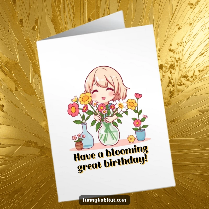 Funny free printable birthday card: Cheerful character joyfully arranging vibrant flowers in a vase, spreading happiness.