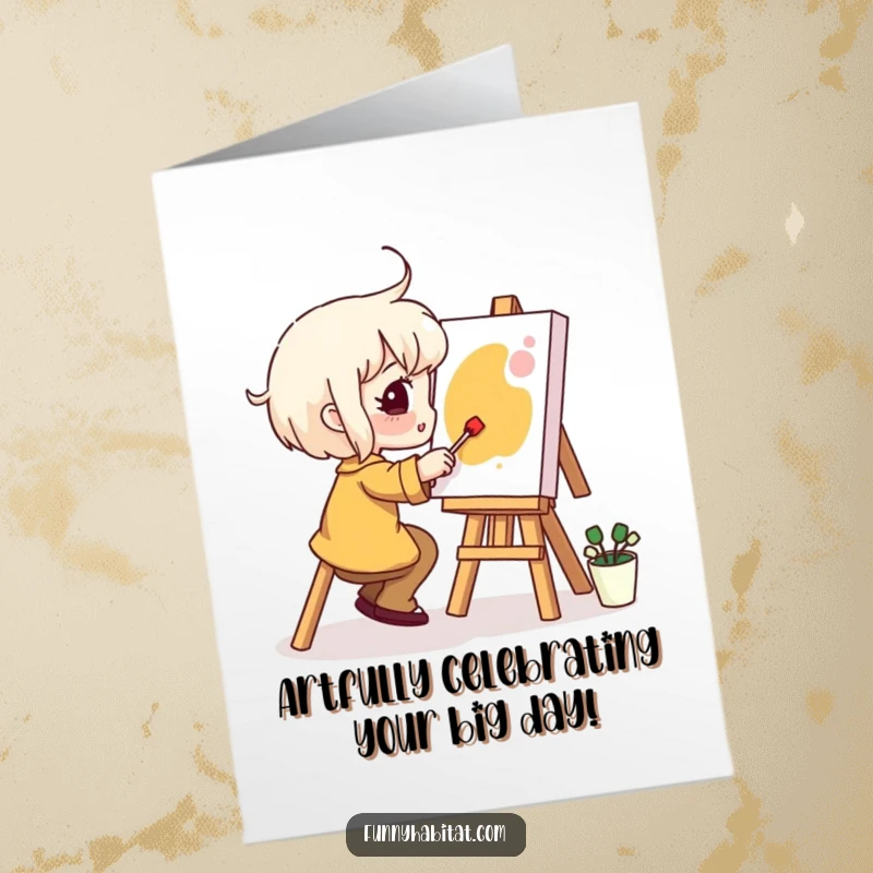 Funny free printable birthday card: An artist character enthusiastically paints a tiny masterpiece with a big smile, ready to celebrate.