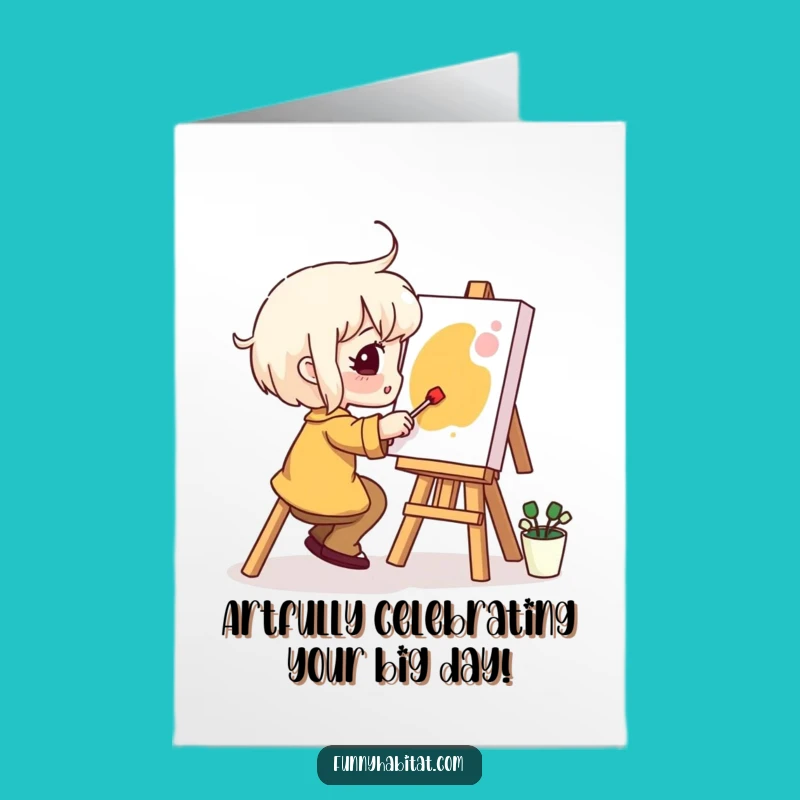 Free Printable Birthday Card: Funny Artist Character Painting - Downloadable Gift