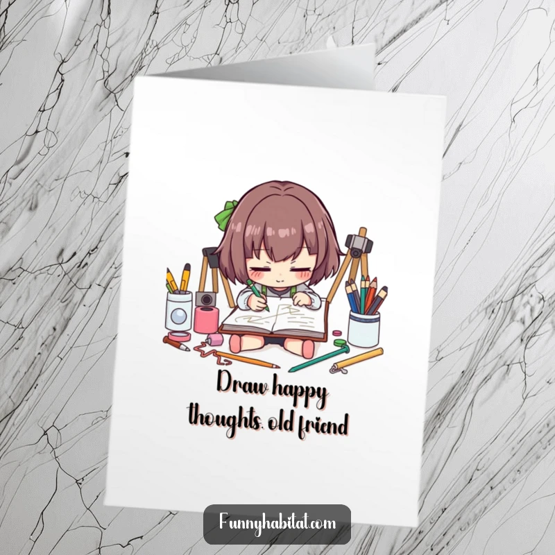 Funny Free Printable Birthday Card featuring an artist character sketching intensely surrounded by art supplies, ready to draw some laughs.