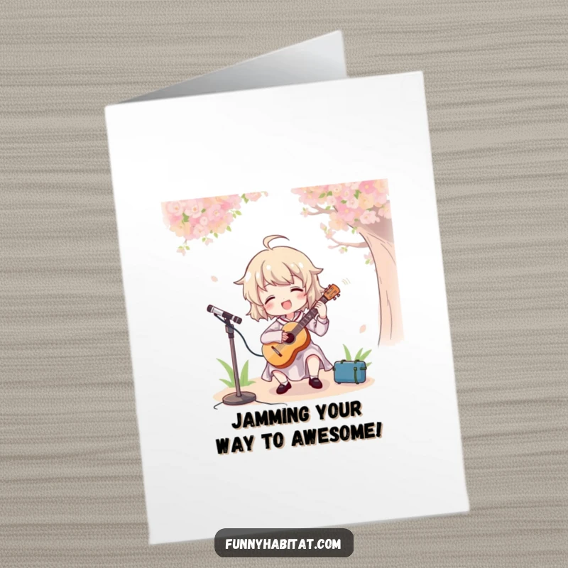 Funny Free Printable Birthday Card: A cheerful character plays a trumpet joyfully outdoors. Downloadable fun!