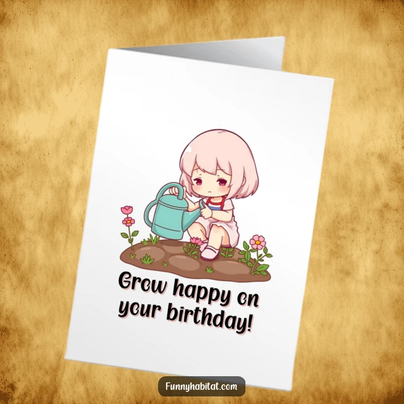 Funny Free Printable Birthday Card: A cute character happily watering a miniature garden with a watering can.