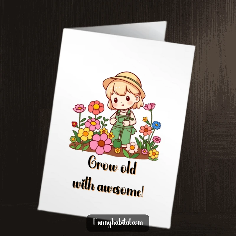 Funny Free Printable Birthday Card: Cheerful gardener smiles, tending to vibrant, colorful flowers in a neat row.