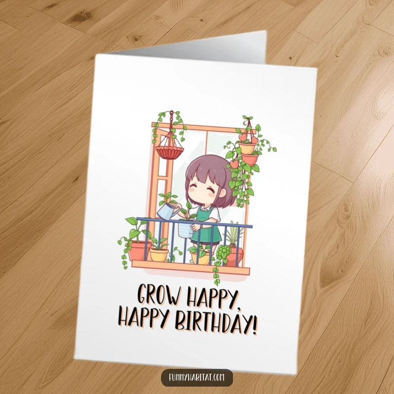 Funny Free Printable Birthday Card: A character smiling while watering lush hanging plants from a balcony, downloadable gift.