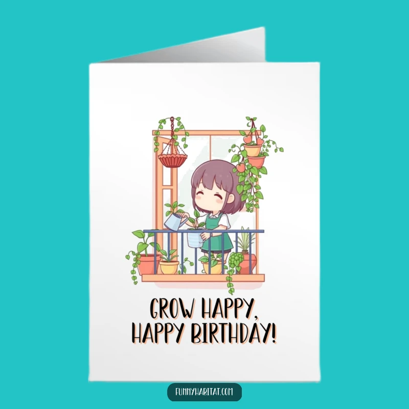 Free Printable Birthday Card: Happy Gardener Character, Balcony Plants, Funny Download