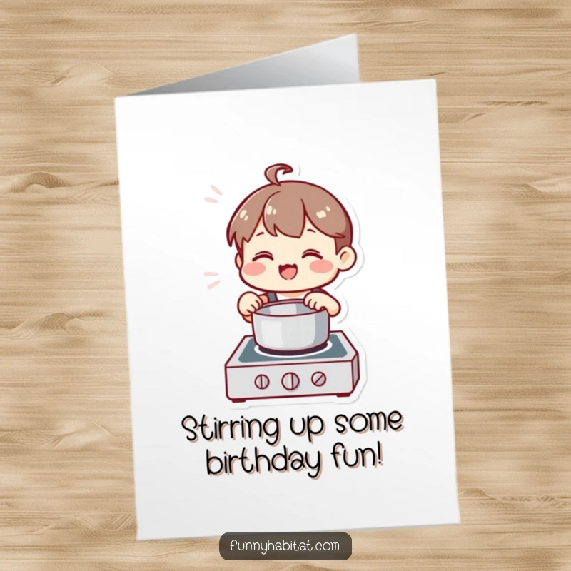Funny Free Printable Birthday Card showing a happy character with a pleased expression, stirring a pot on a stove with culinary delight.