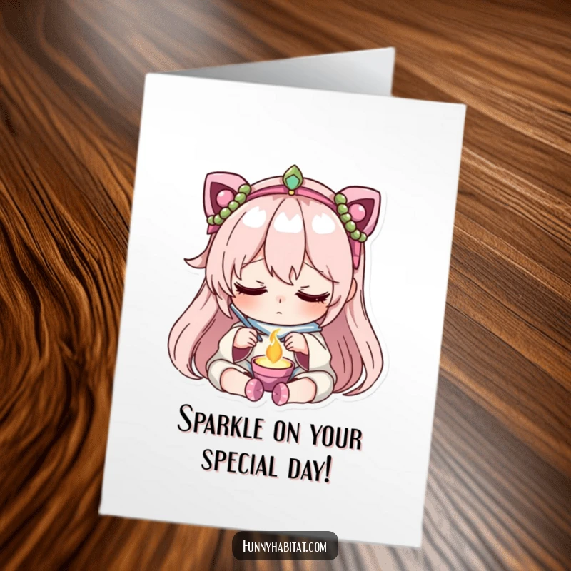 Funny free printable birthday card: Character concentrating peacefully while crafting intricate jewelry, focusing on details.