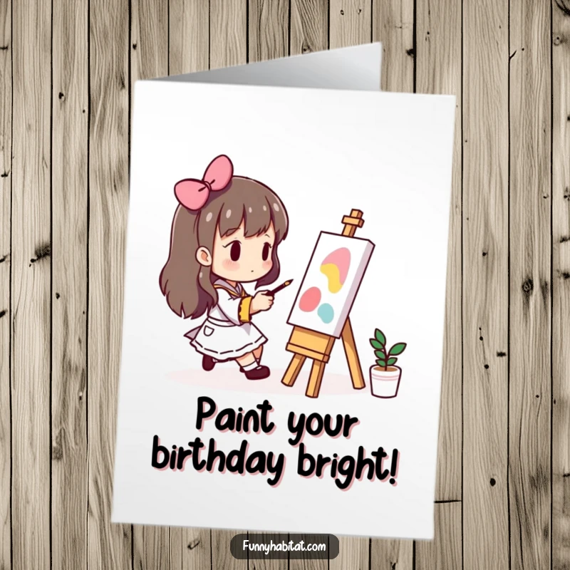 Funny Free Printable Birthday Card: A character focused on painting a picture on a small easel.