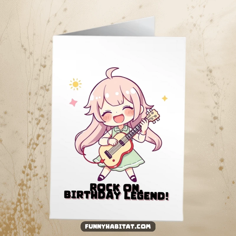 Funny Free Printable Birthday Card: A joyful character rocks out on a guitar, ready to party with musical flair.