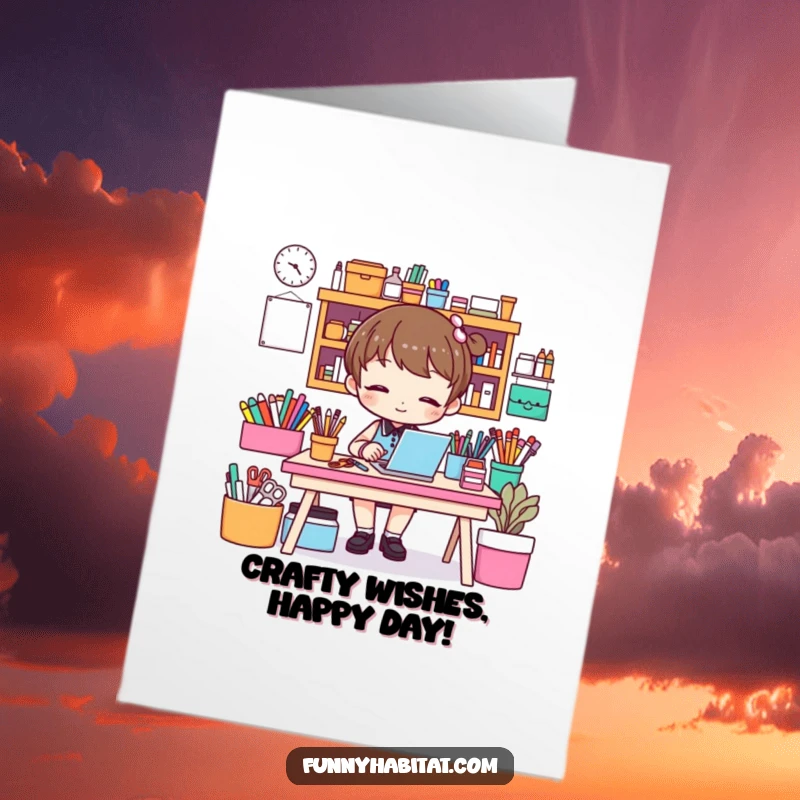 Funny Free Printable Birthday Card: A character smiling while organizing a colorful craft desk, DIY downloadable gift.
