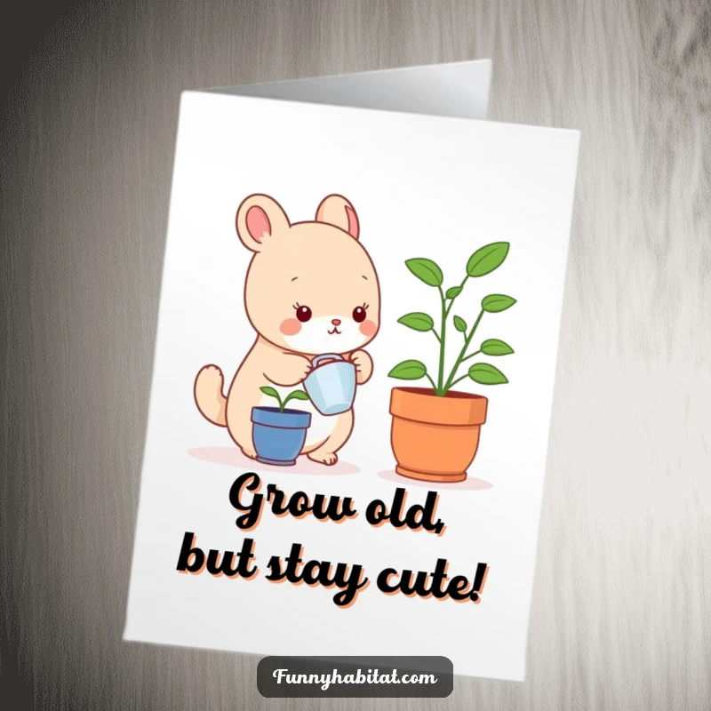 Funny Free Printable Birthday Card: Small, happy animal character watering a tiny potted plant, bringing life and smiles.