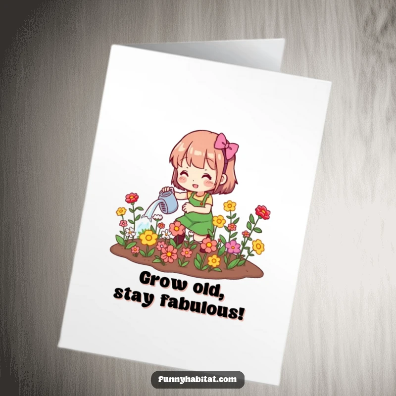 Funny free printable birthday card: A character happily watering a vibrant garden patch full of flowers.