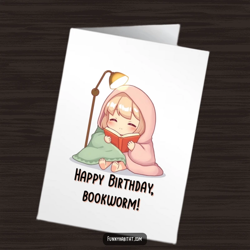 Funny Free Printable Birthday Card: Cozy character wrapped in a blanket, reading a book by lamplight, perfect for relaxation.