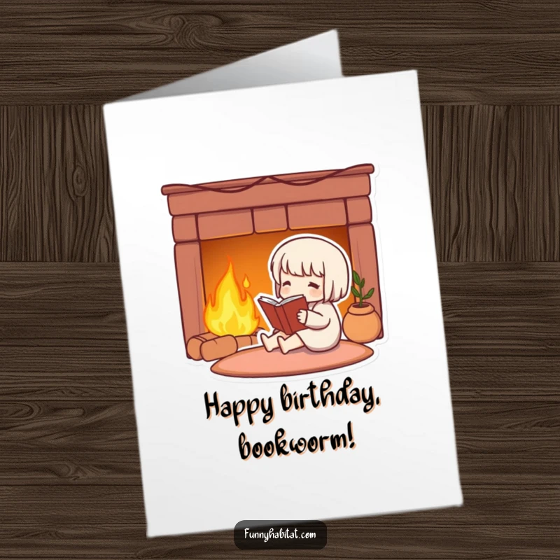 Funny Free Printable Birthday Card: Cute character contentedly reading a book by a warm, inviting fireplace.