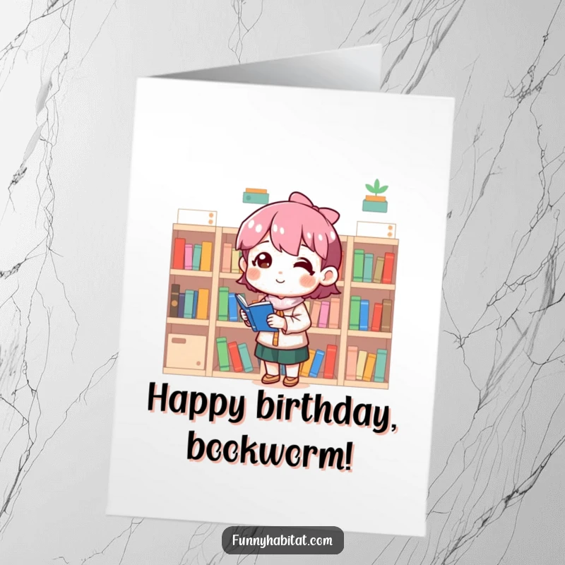 Funny Free Printable Birthday Card: Character organizing tiny bookshelves with a content, satisfied smile.
