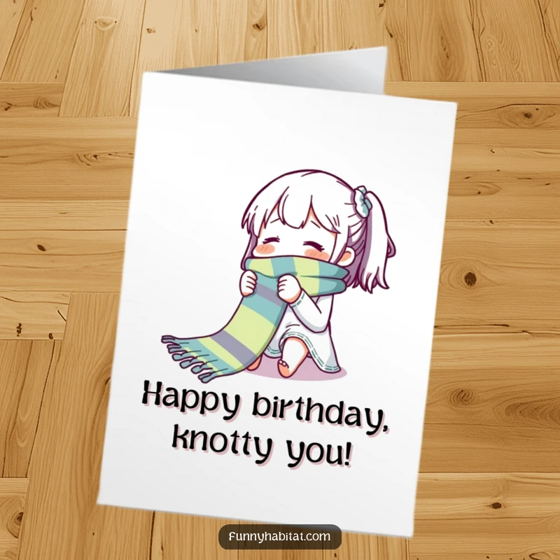 Funny Free Printable Birthday Card: Character knitting an endlessly long, colorful scarf with a blissful expression.