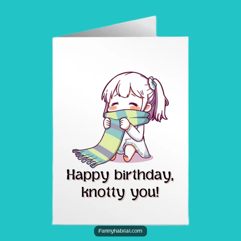 Free Printable Birthday Card: Knitting Character's Long Scarf Funny Gift