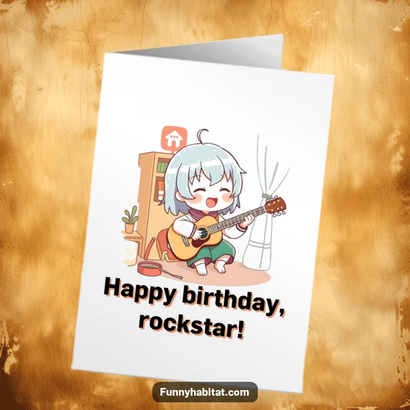 Funny Free Printable Birthday Card: Character enthusiastically playing a musical instrument with a lively tune.
